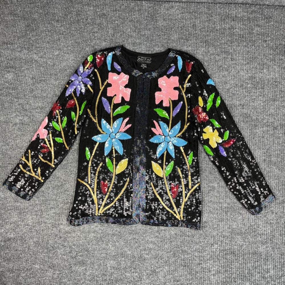 Vtg 80s Joseph Le Bon Jacket Womens M Silk Sequin Beaded Floral Trophy Jacket